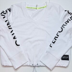 Calvin Klein Performance White Cropped Sweatshirt Logo Sleeve Size L